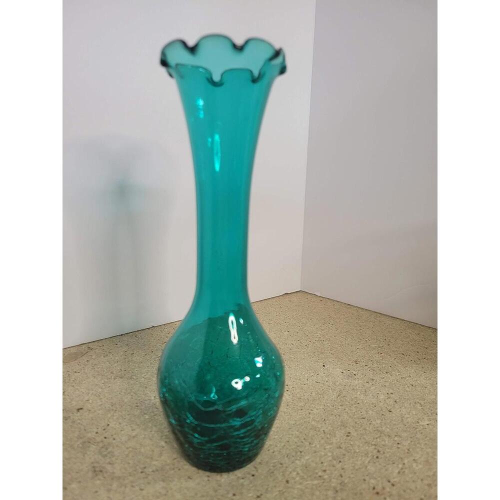 Teal Crackle Ruffled Glass Bud Vase - Elegant Home Accent
